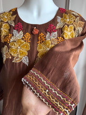 Soniya Handwork Mul Chanderi Set- Brown(Make to Order)