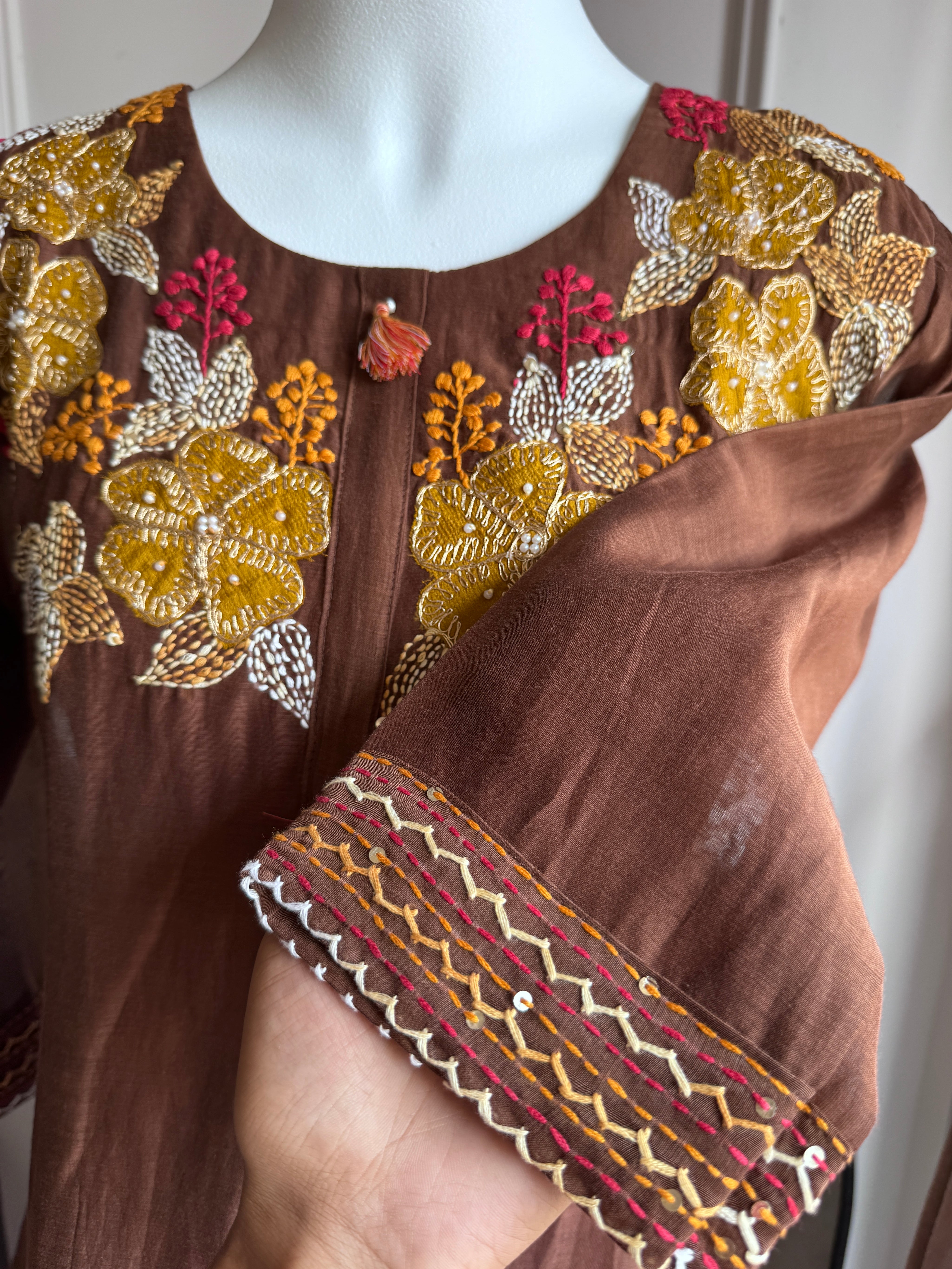 Soniya Handwork Mul Chanderi Set- Brown(Make to Order)