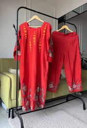 Meenal Handwork Russian Silk Dress-Rust