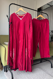 Naina Handwork Mul Chanderi Dress- Maroon