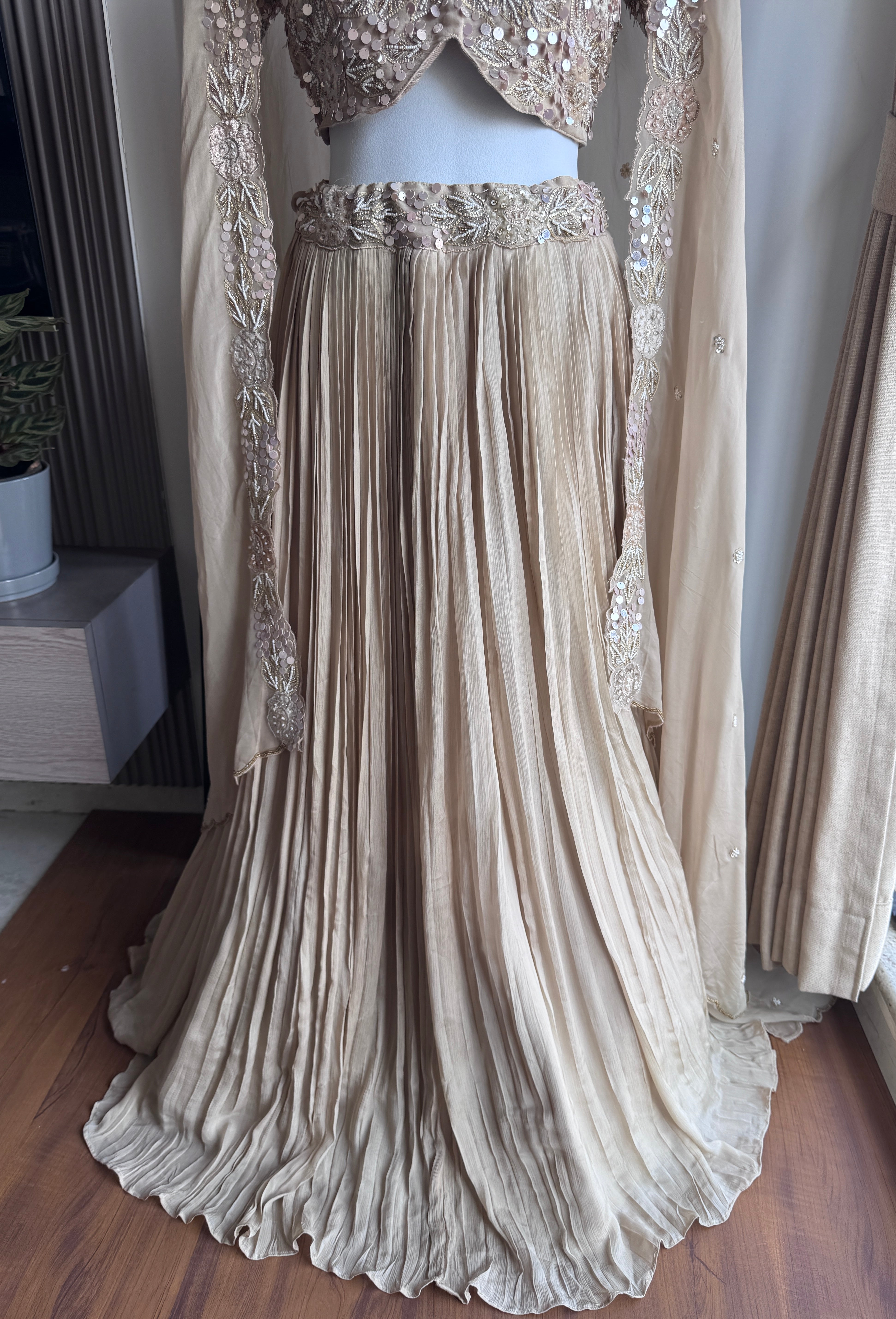 Jannat padded blouse with Lehenga and cape(Make to Order)- Champagne Beige