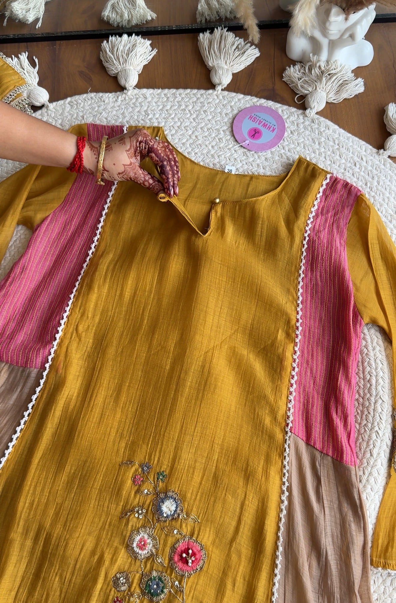 Geet  Contrast Panel Embroidered Dress-Yellow