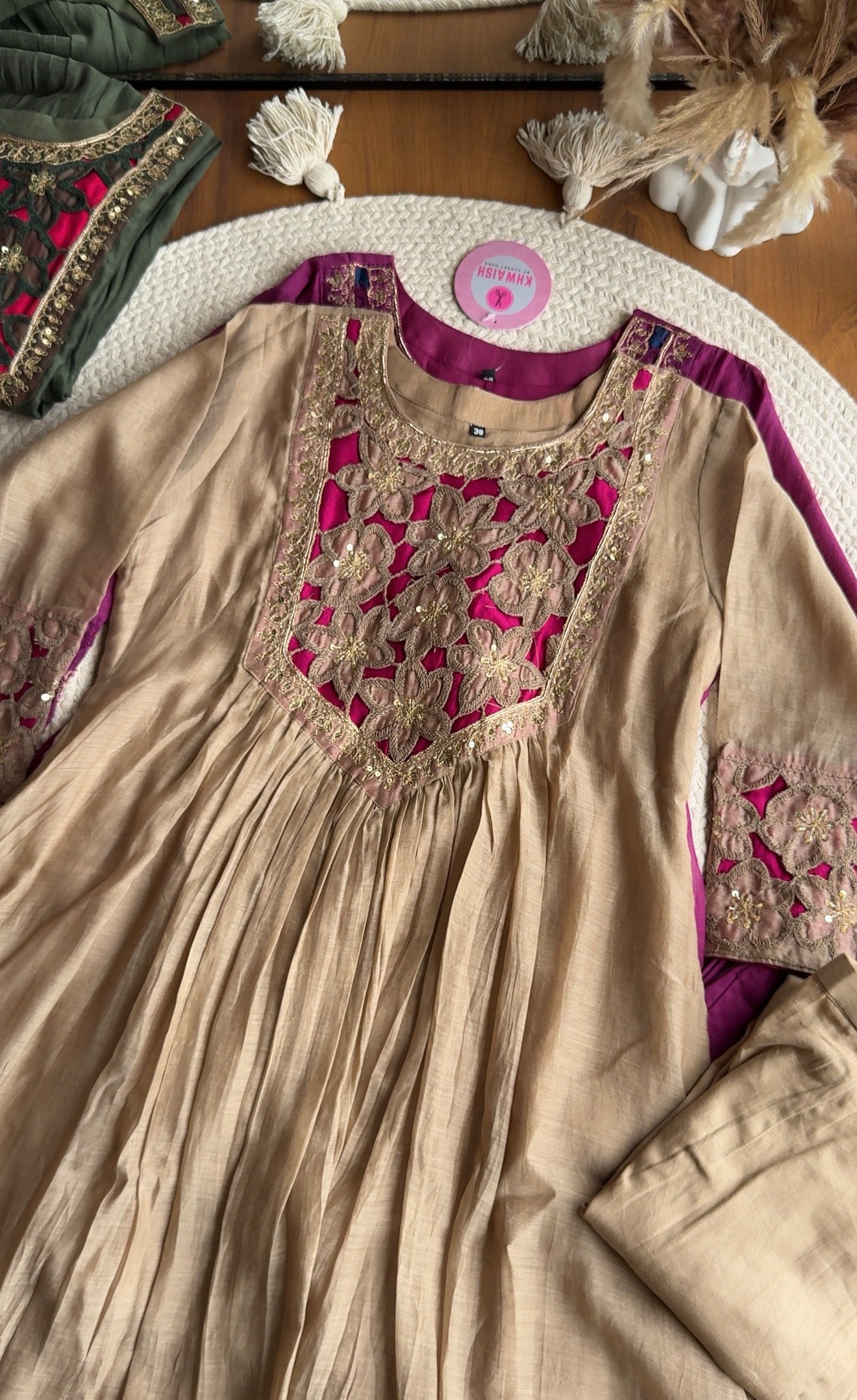 Riya cutwork Contrast Anarkali Dress- Beige