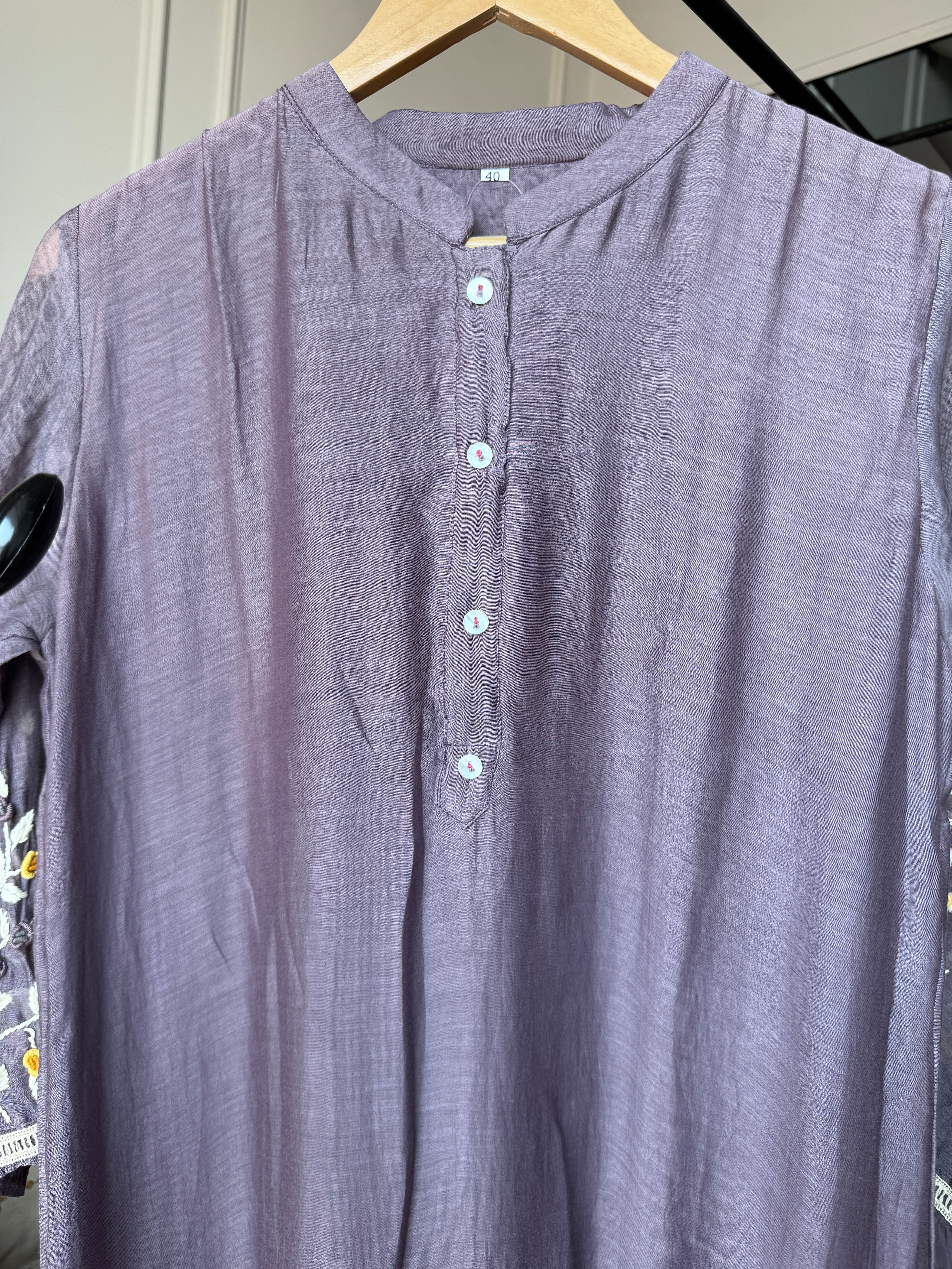Vaishali Embroided Mul Chanderi Dress- Grey