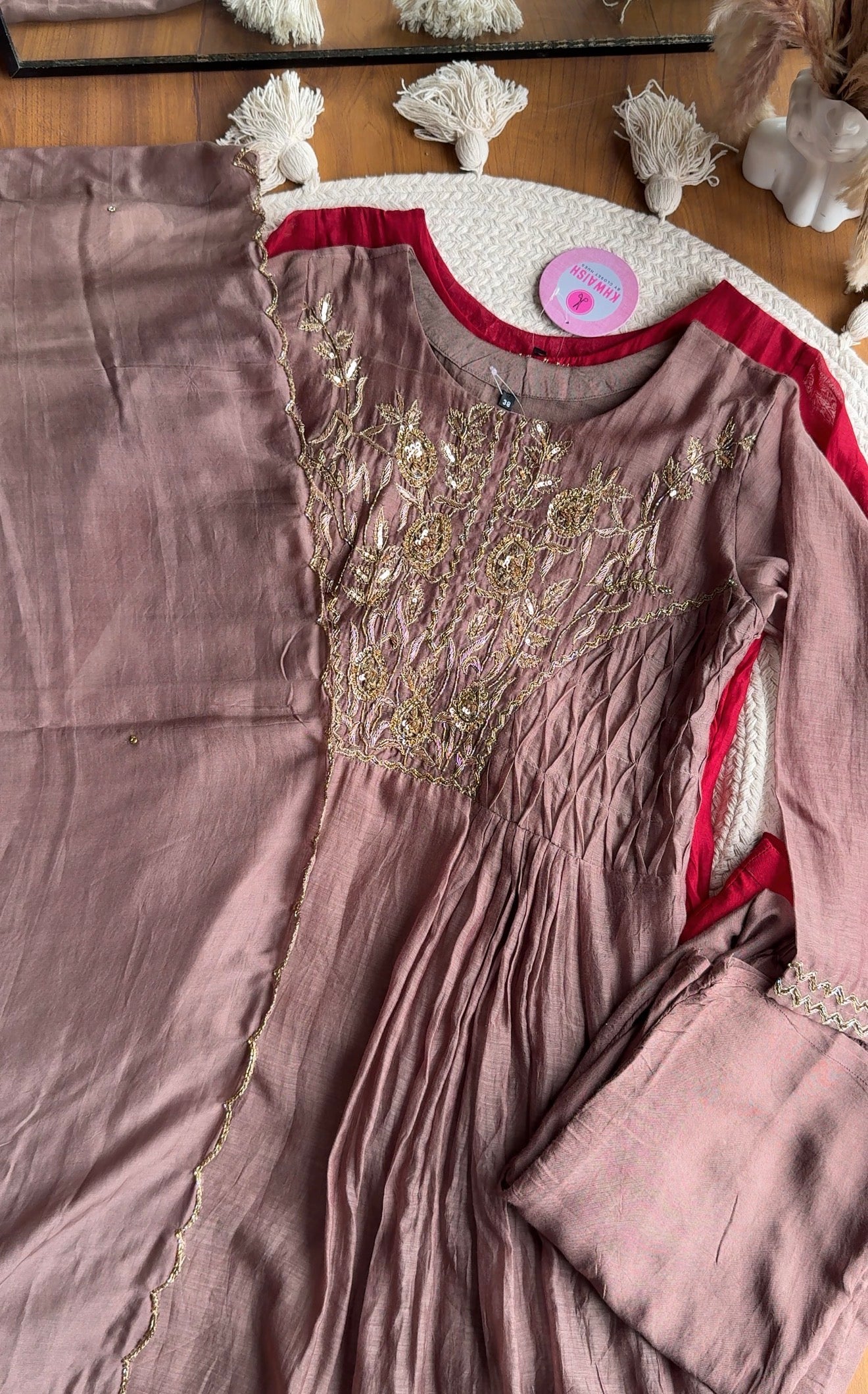 Sanjana  Mul Chanderi Handwork Anarkali - Brown