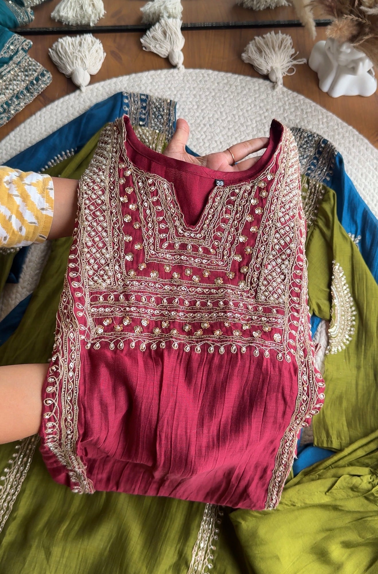 Twinkle Hand Work Mul Chanderi Dress- Maroon