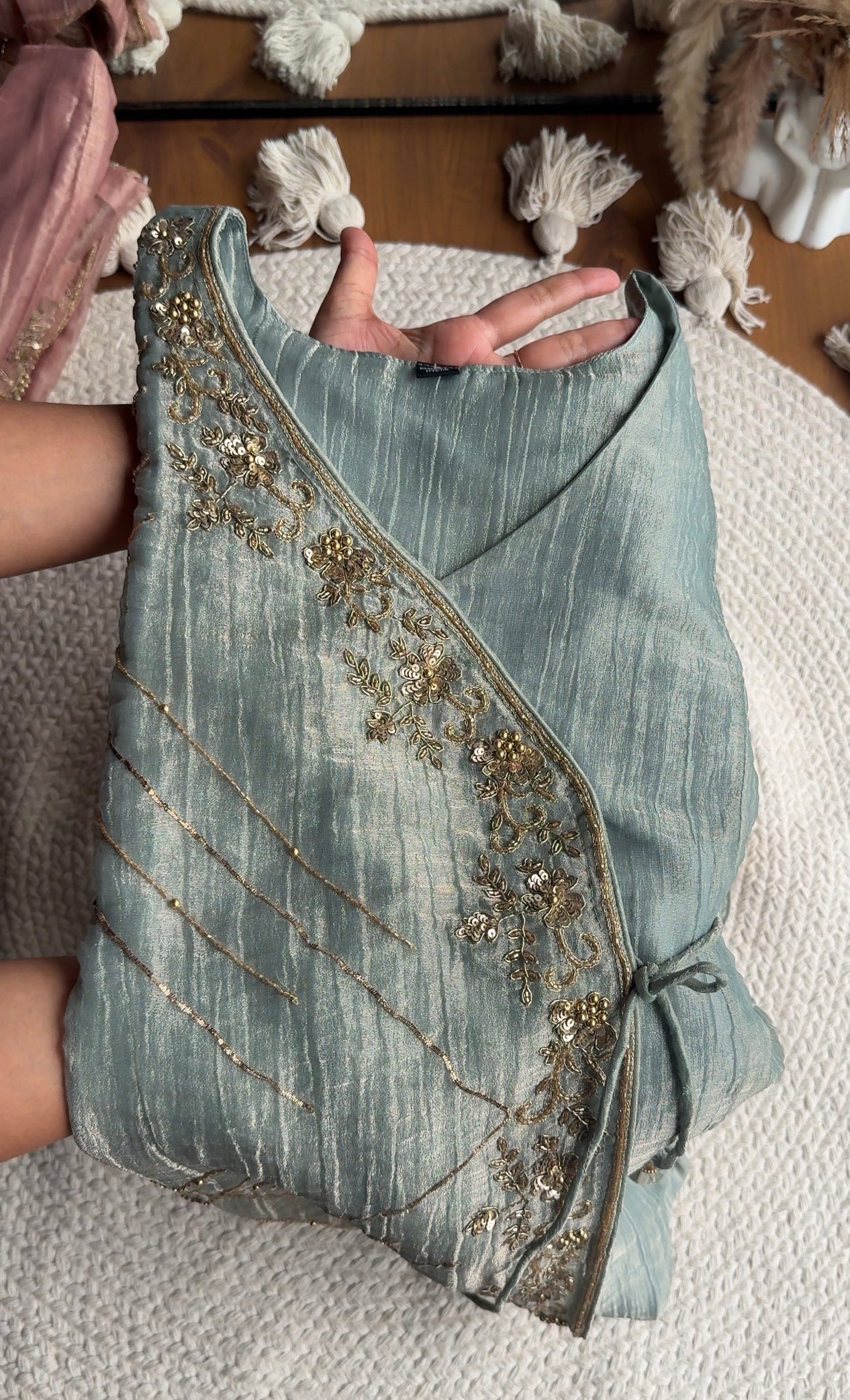 Khushi Handwork Angrakha Dress- Mint Green