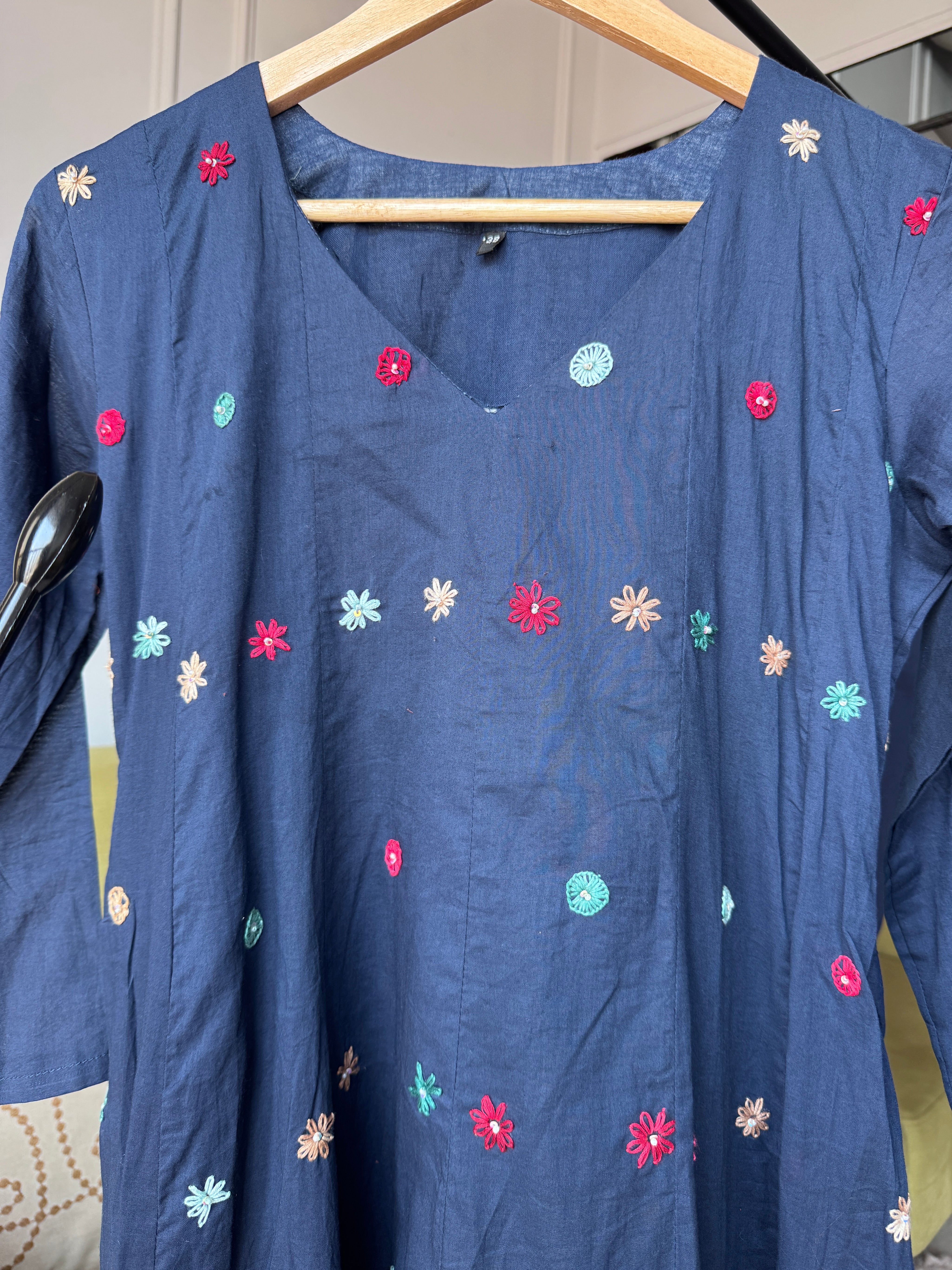 Pratima Katha Work  Mul Cotton Anarkali - Blue