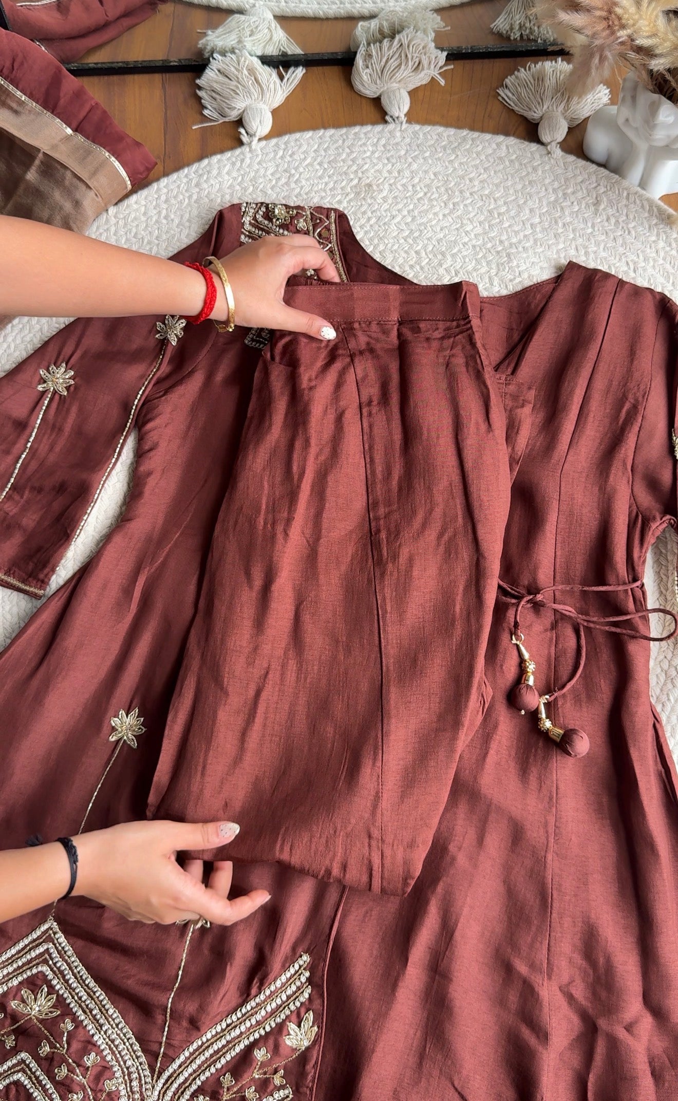 Aditi Short Kurta Hand Work Angrakha Dress-Brown