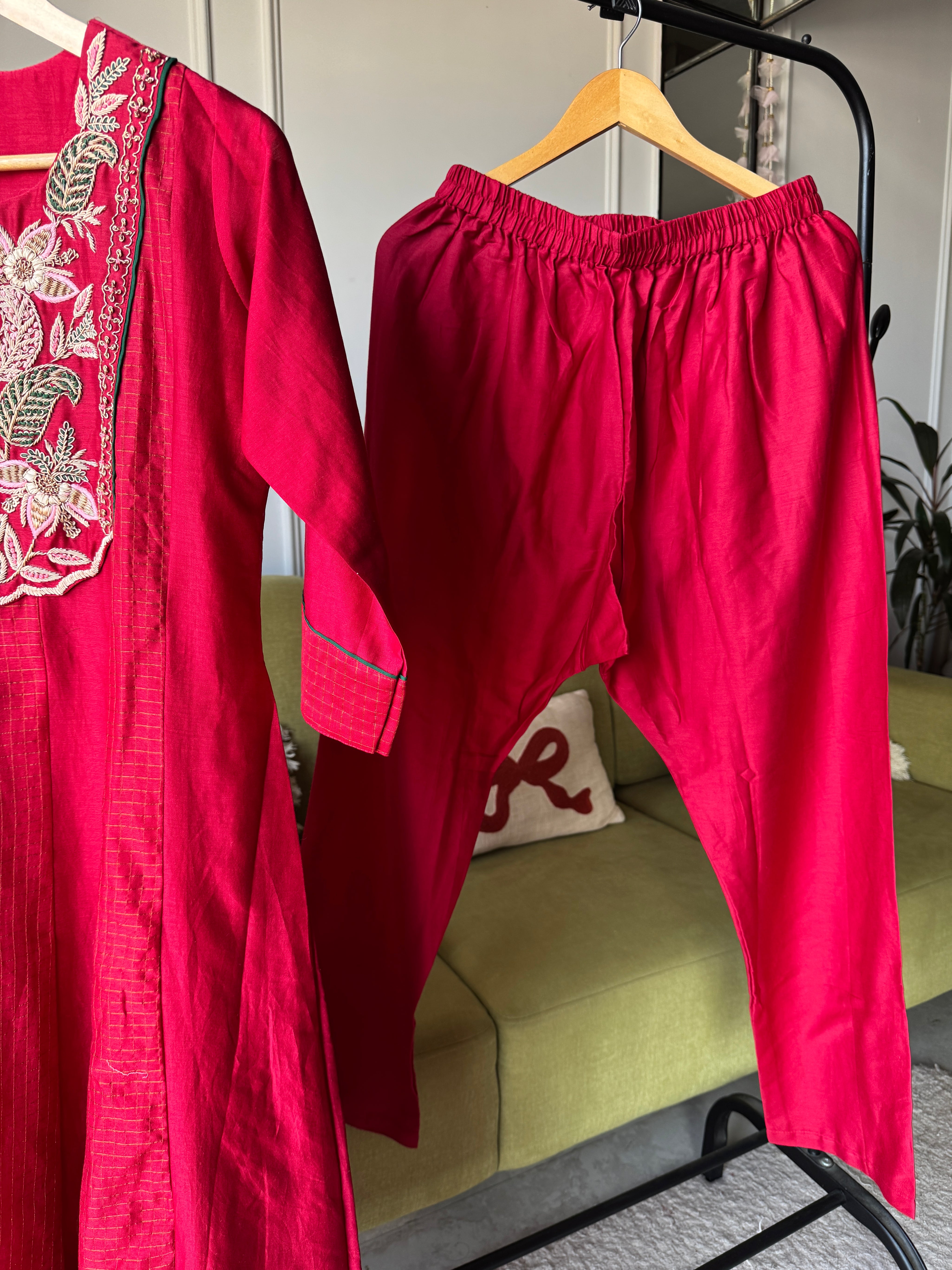 Rinki Handwork Mul Chanderi Dress- Red