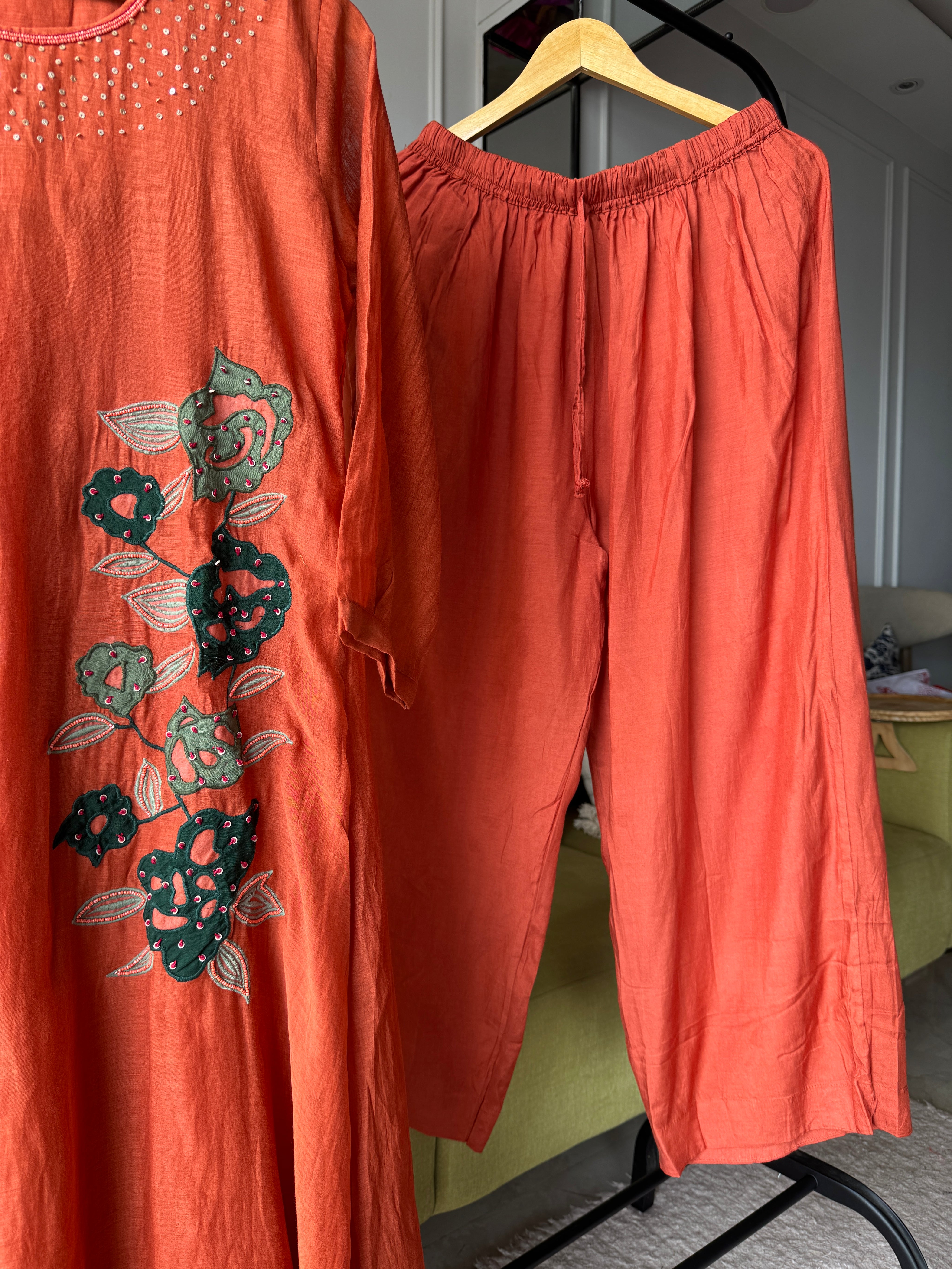 Rani mul chanderi kardana Aline dress with plazzo