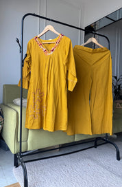 Disha Embroided Mul Cotton Dress- Musturd