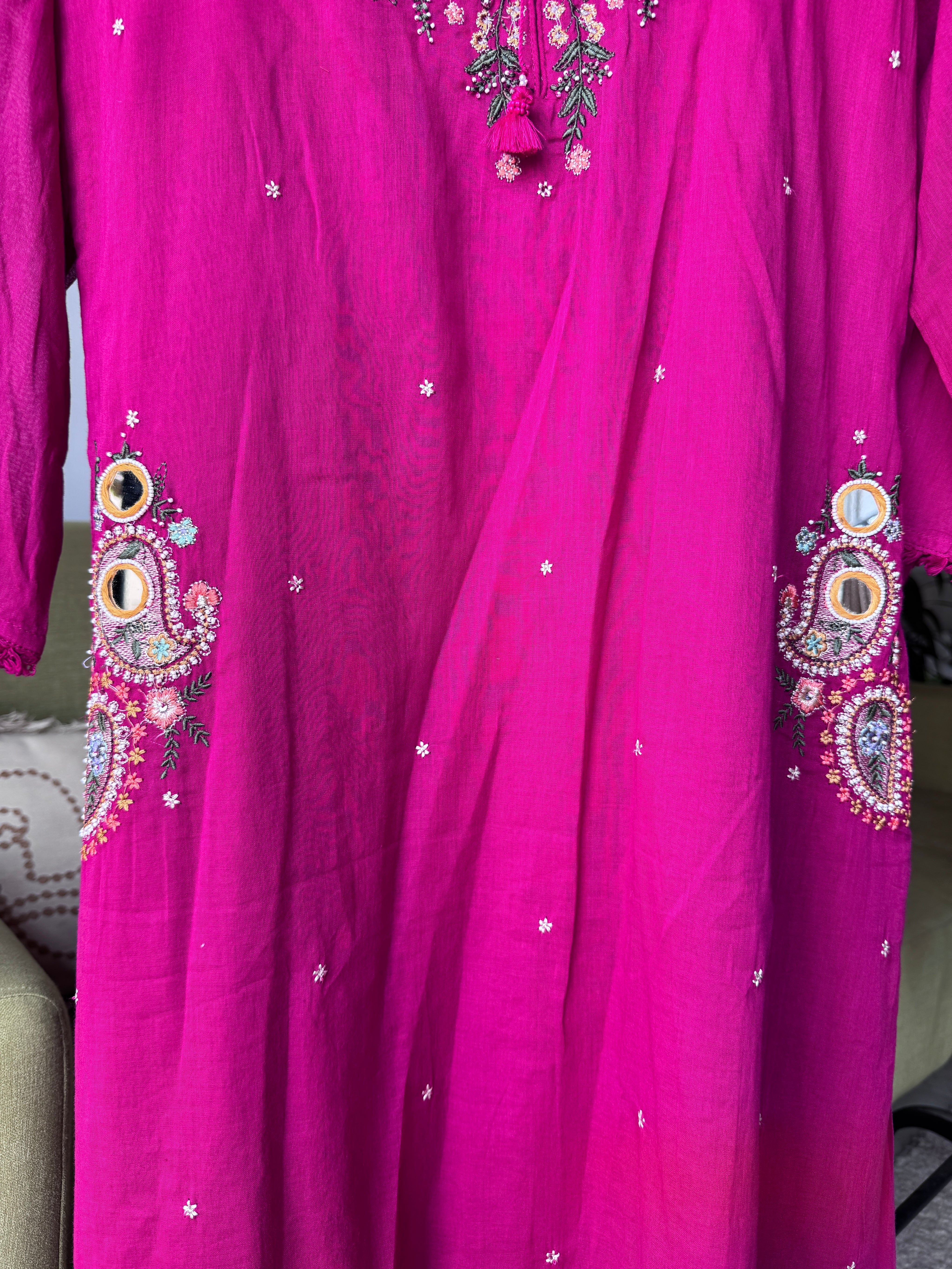 Mannat Pocket Embroided Mul Cotton Dress- Pink