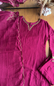 Dimple Pleated Yoke Aline Hand Work Dress- Wine💞