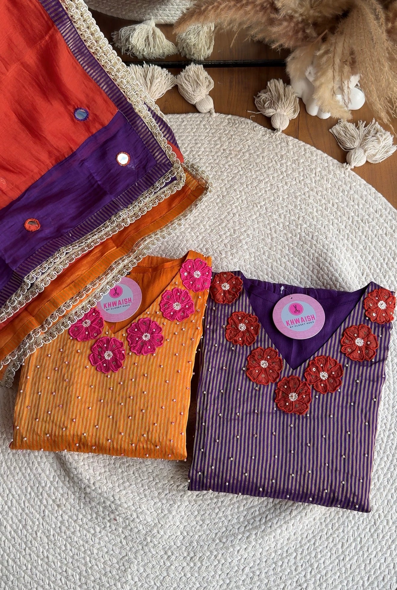 Saili Contrast Panel Mul Chanderi Dress-Purple With Rust