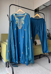 Shilpa Embroided Mul Chanderi Dress-Blue