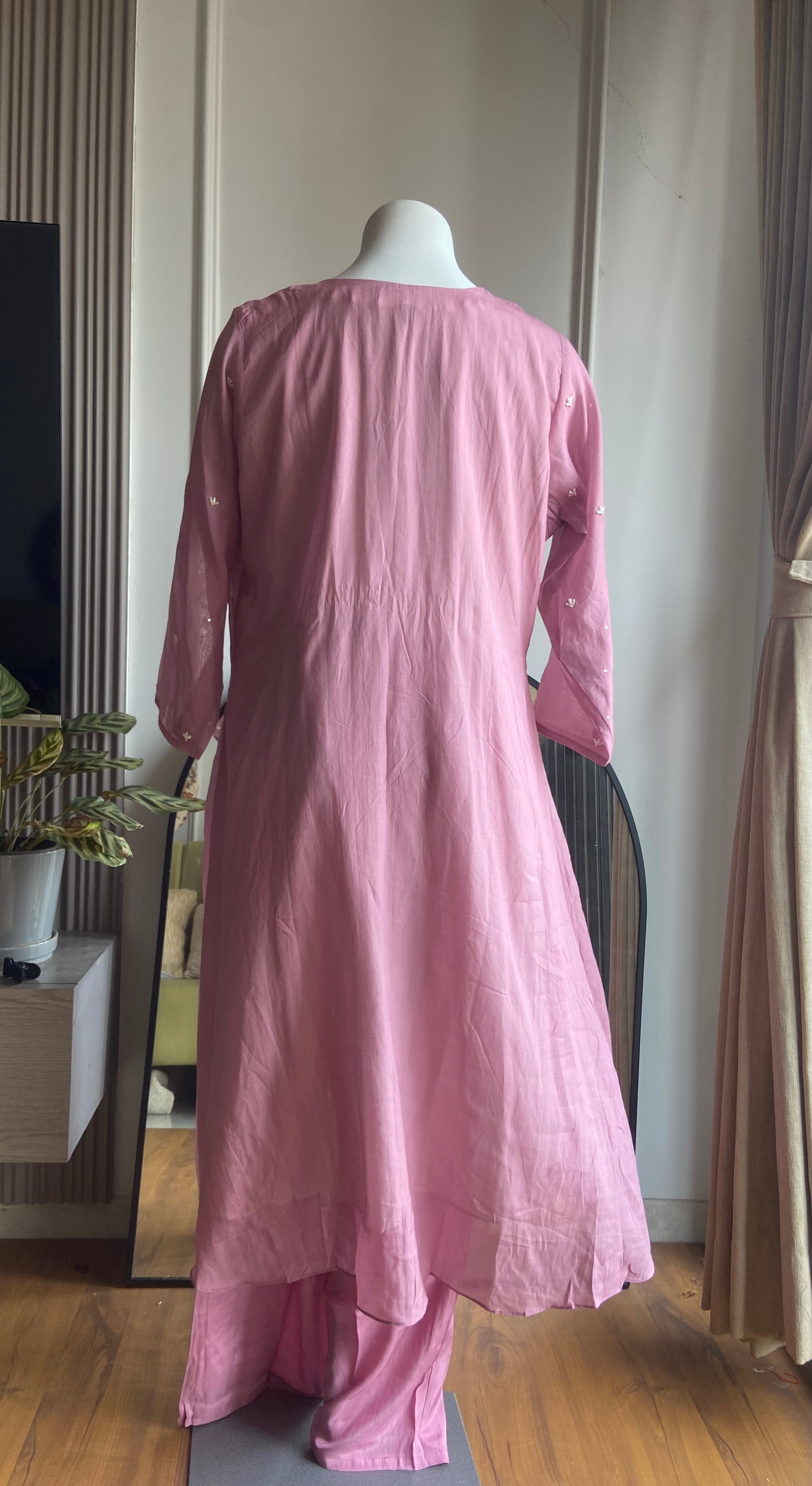 Fatima hand work dual tone dress- Baby pink and White