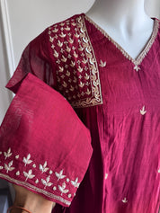 Krystle Handwork Mul Chanderi Dress-Maroon