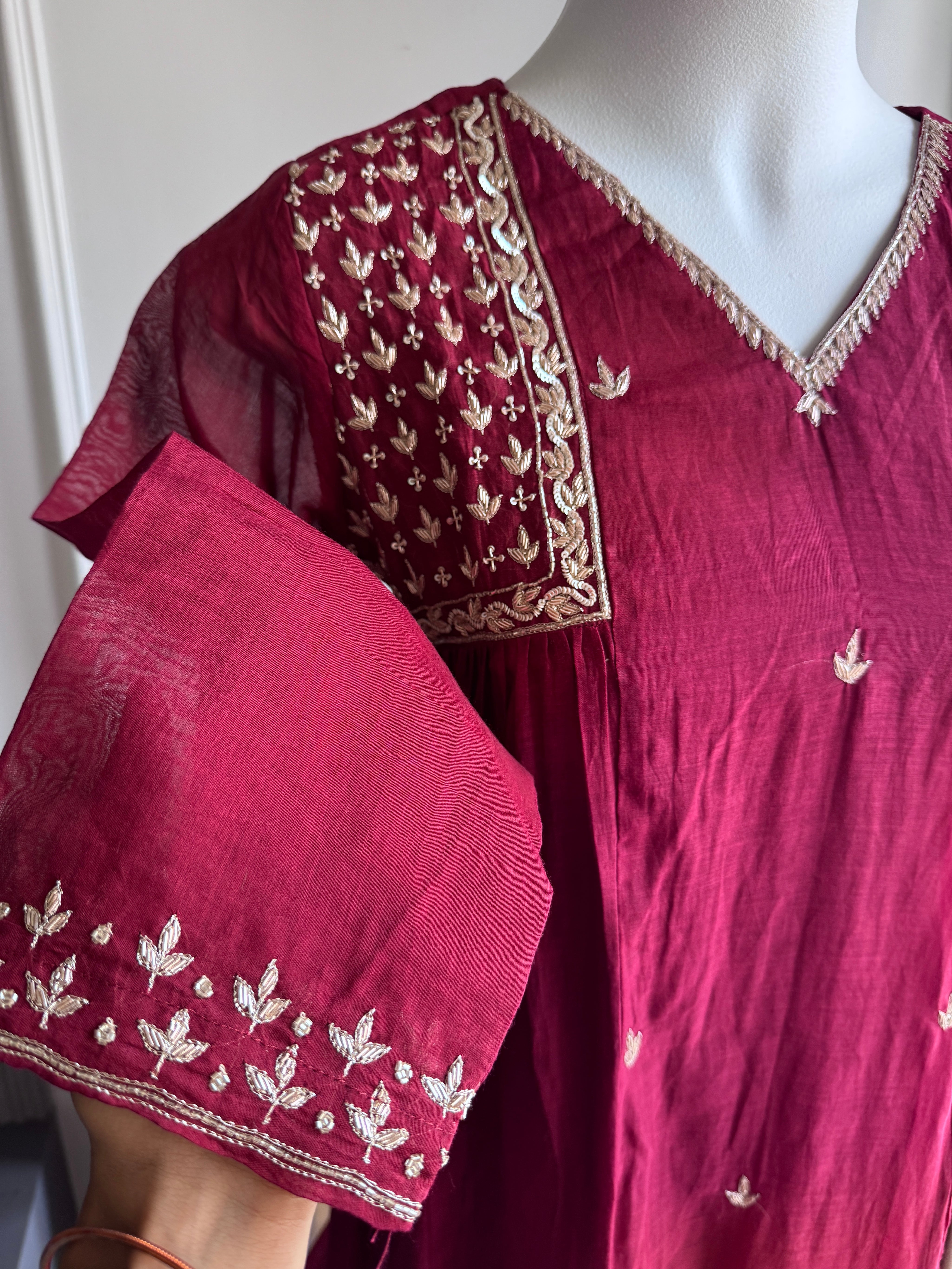 Krystle Handwork Mul Chanderi Dress-Maroon