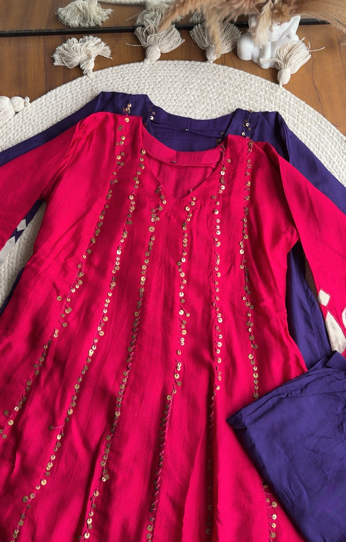 Tanisha Sequins All Over Scalloped Finishing DressWith Contrast Pants And Dupatta- Reddish Pink