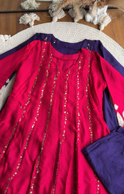 Tanisha Sequins All Over Scalloped Finishing DressWith Contrast Pants And Dupatta- Reddish Pink