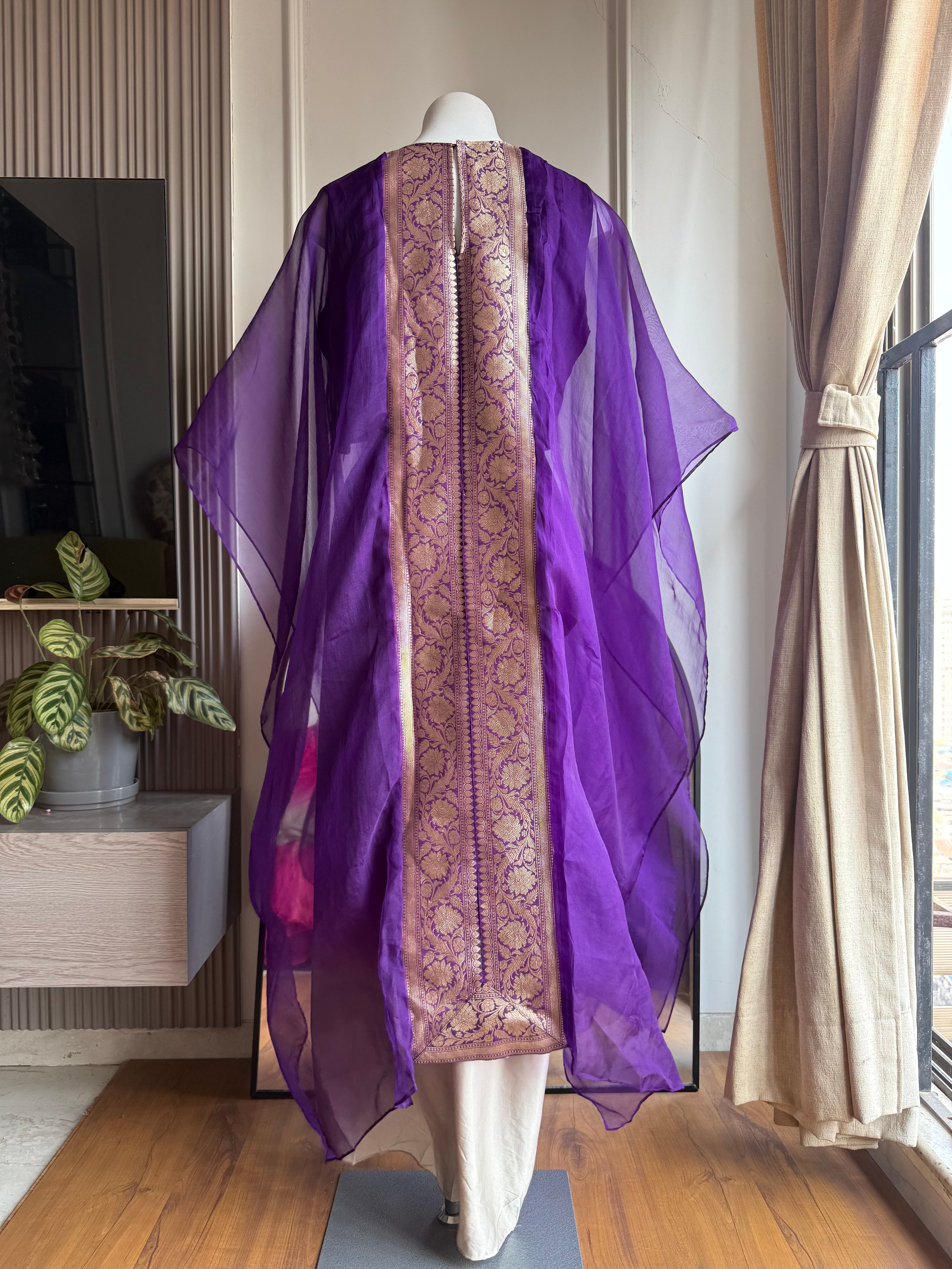 Damini Banarasi patchwork cape with blouse and omber skirt- Purple