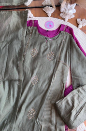 Aishwarya Striped Tissue with Mul Chanderi Dress- Green