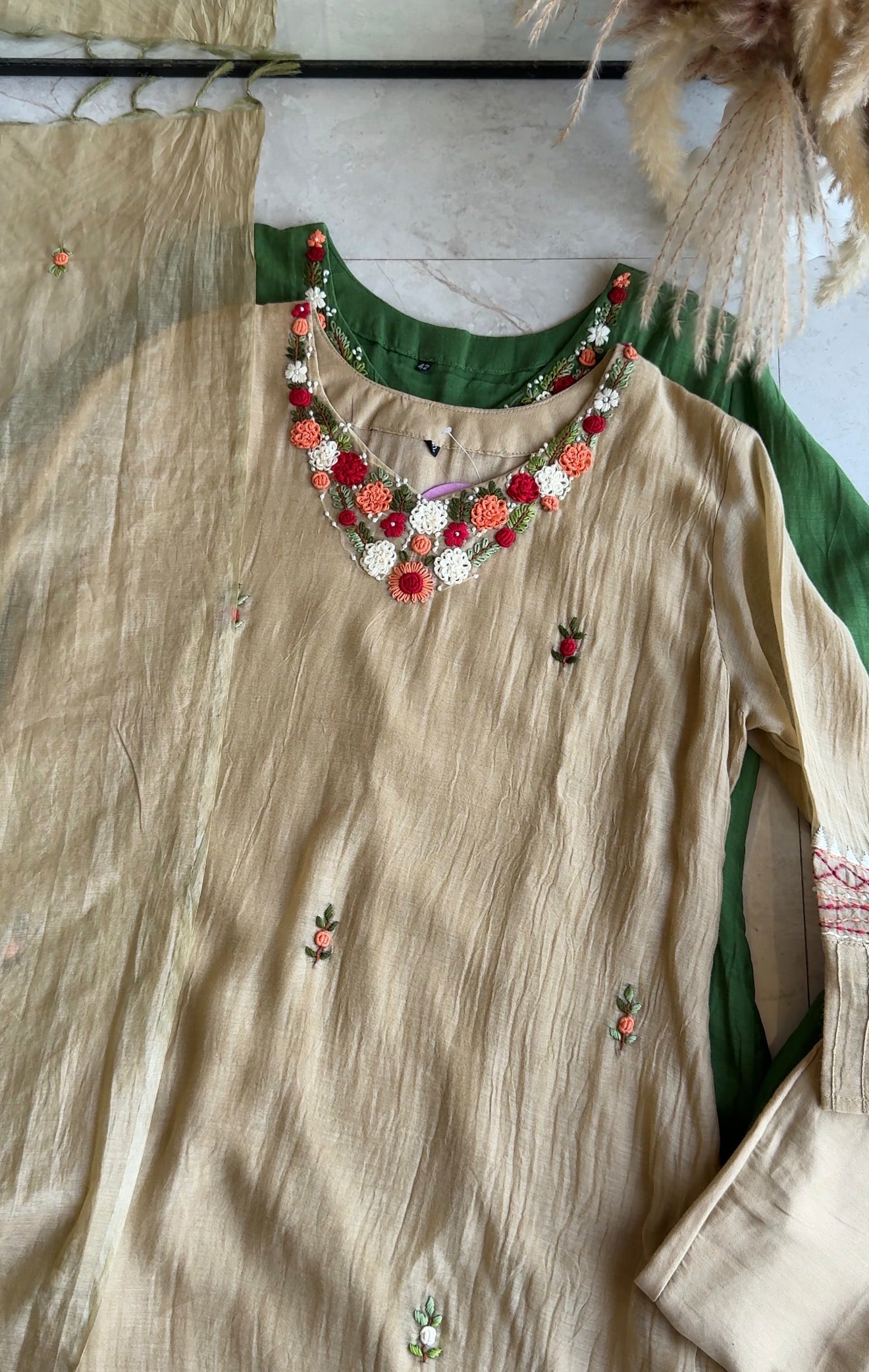 Chandrika Katha Work Mul Chanderi Dress- Beige  (Make to Order)