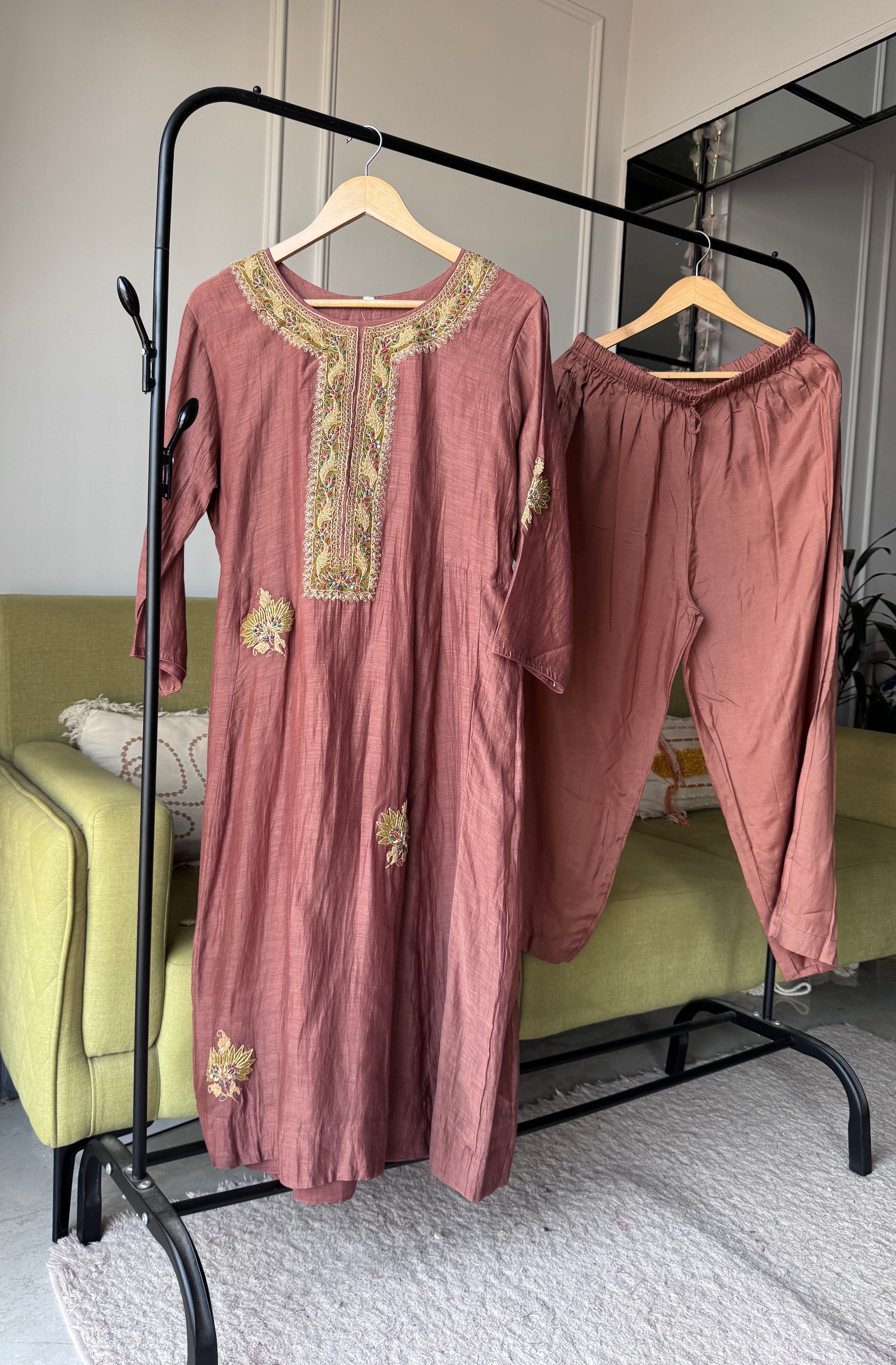 Vaibhavi Handwork Mul Chanderi Dress- Dusty Brown
