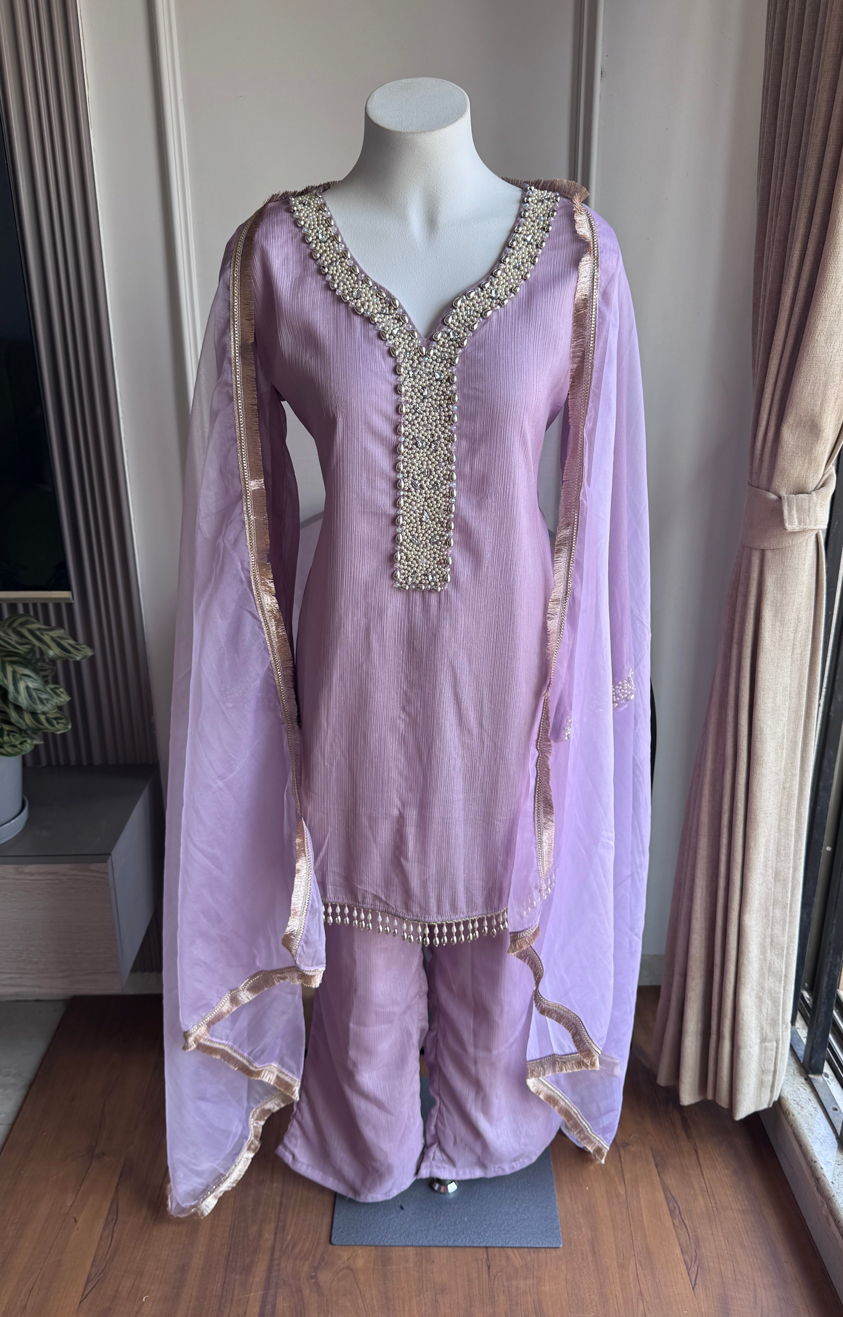 Siyu Tissue Short Kurta With Pant Dress- Lavender