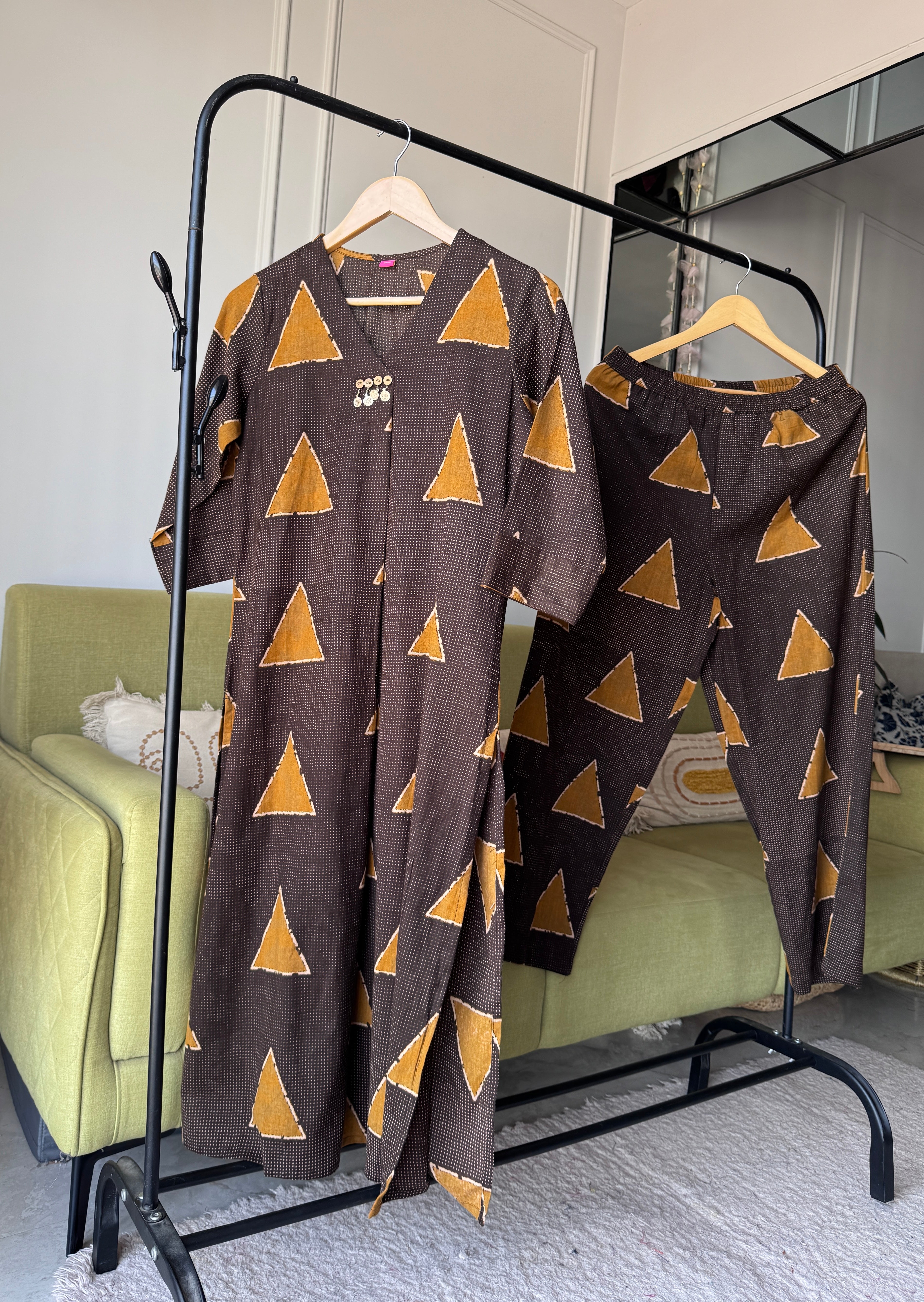 Aachal Print Cotton Dress- Brown