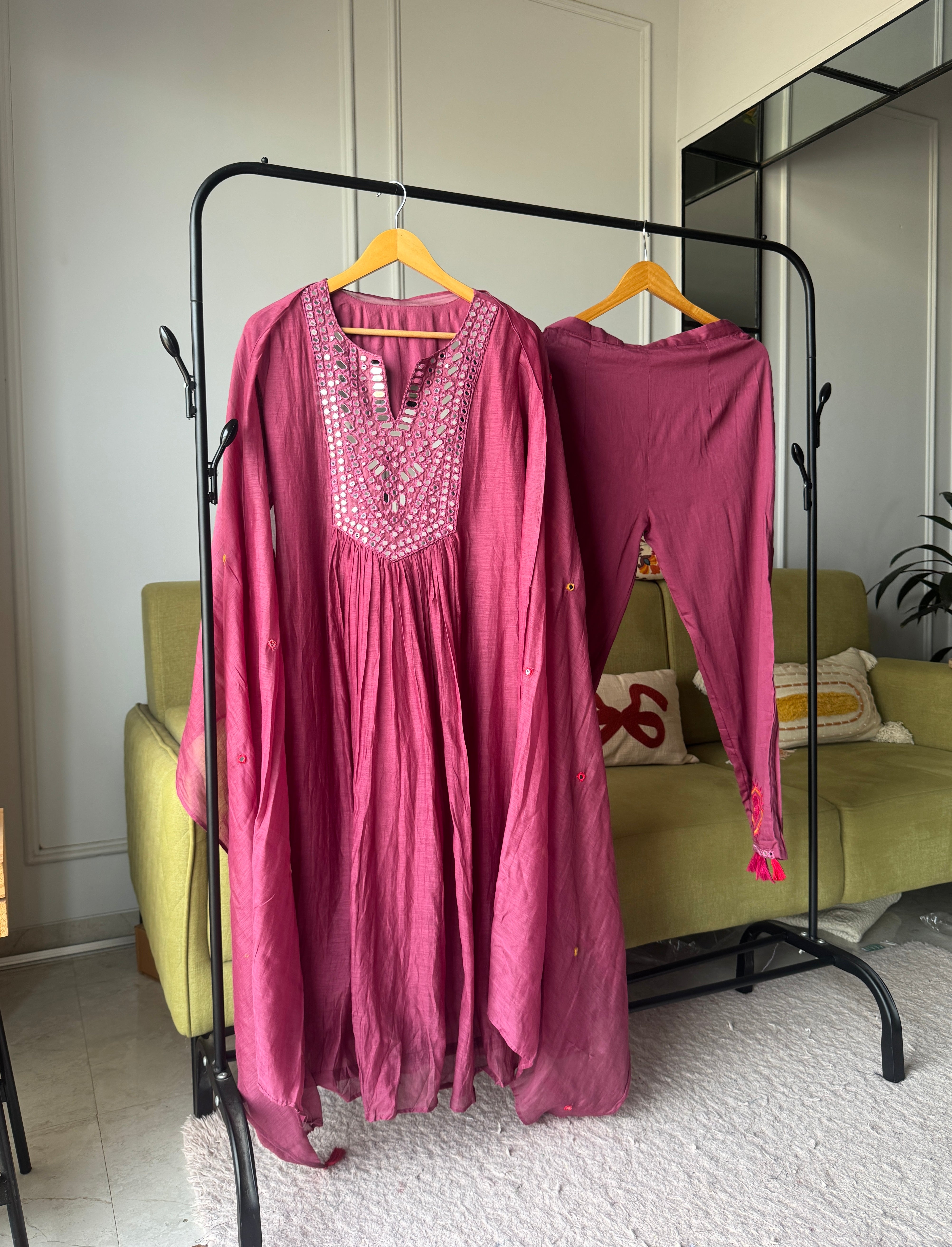 Naina Mirror Work Anarkali Dress- Wine