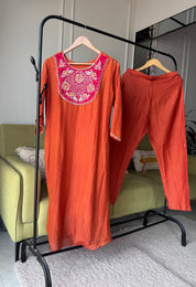 Ridhima Handwork Mul Chanderi Dress- Rust