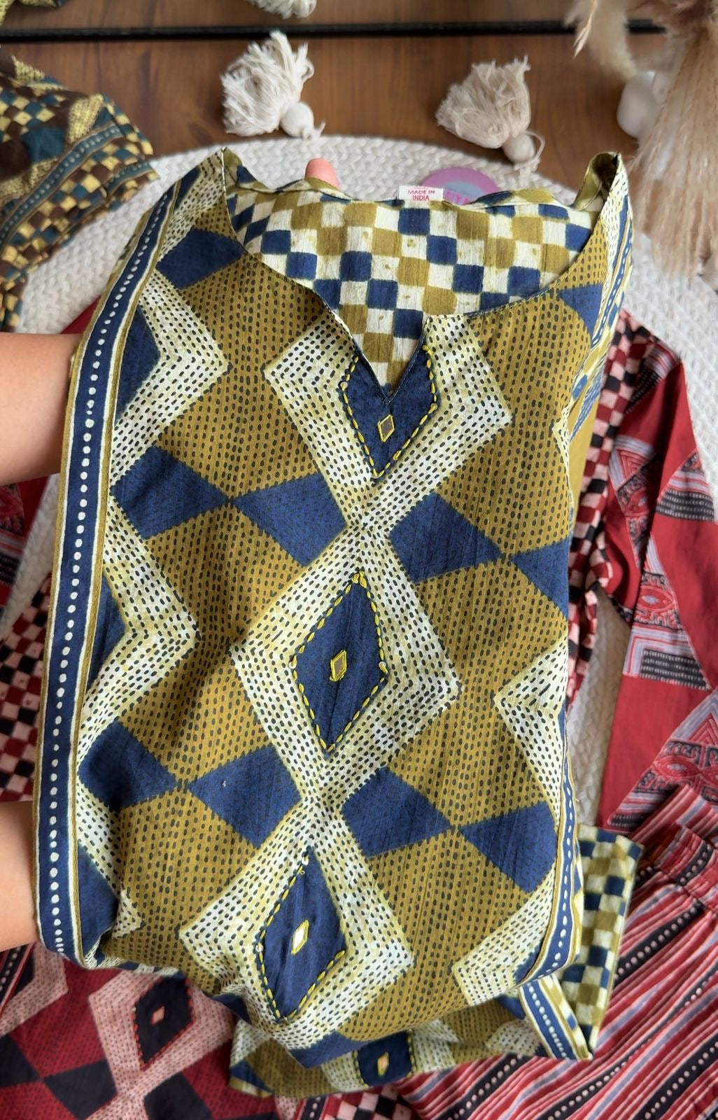 Heer Chequered Cotton Dress-Mehndi Green