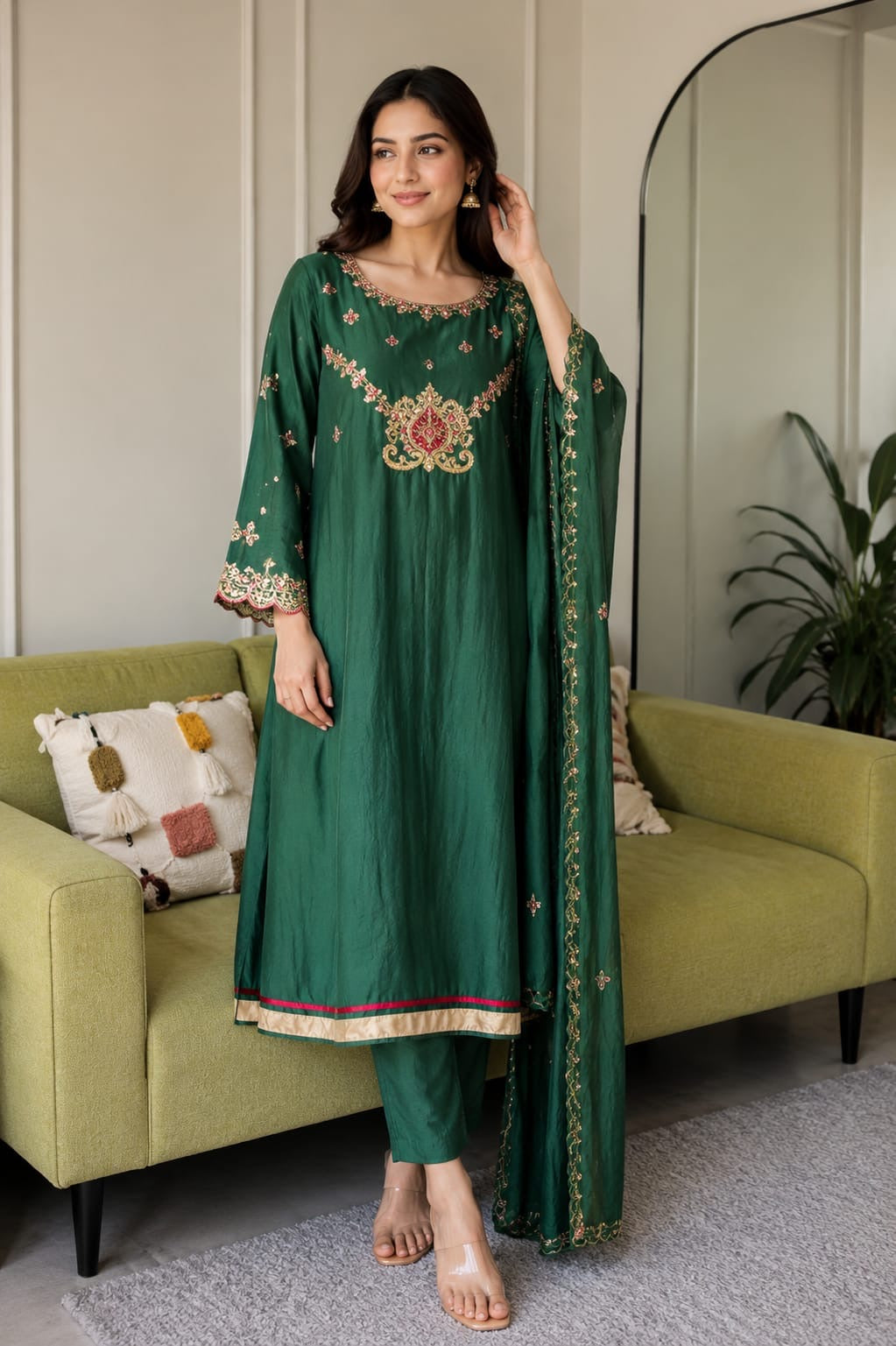 Tara Handwork Mul Chanderi Dress- Green