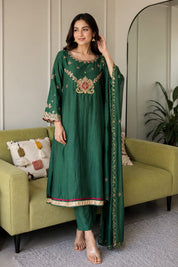 Tara Handwork Mul Chanderi Dress- Green