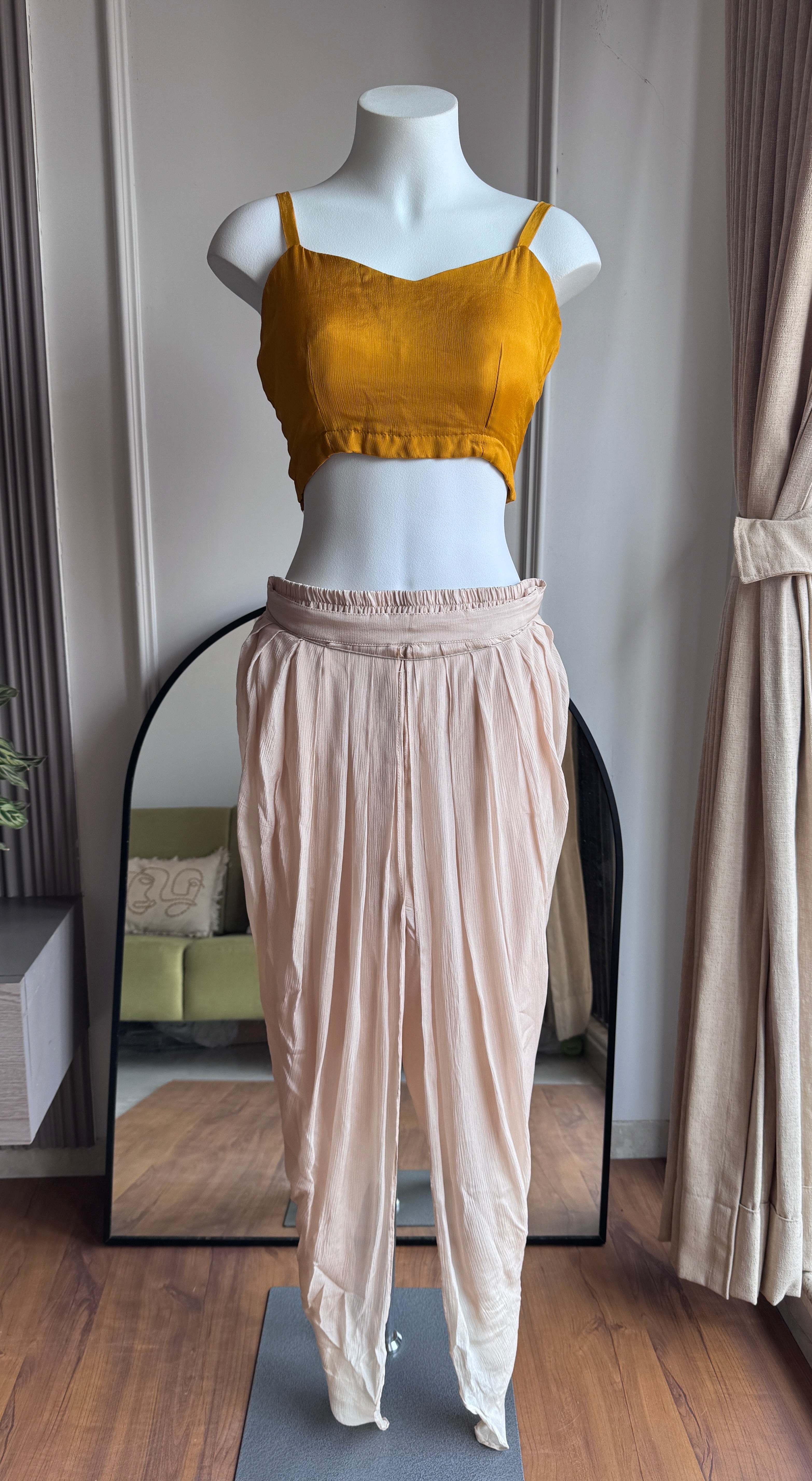 Karishma High Low Top With Padded Blouse And Tulip Pants- Musturd