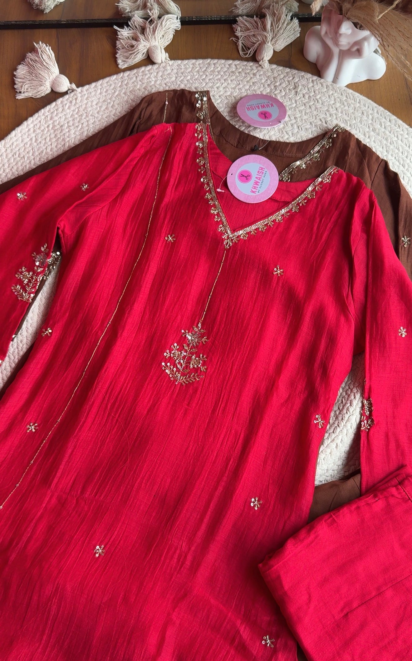 Akshara Hand Work Aline Dress- Red