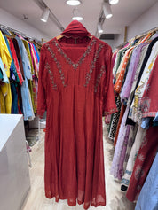 Siya Mul Chanderi Handwork Dress- Rust