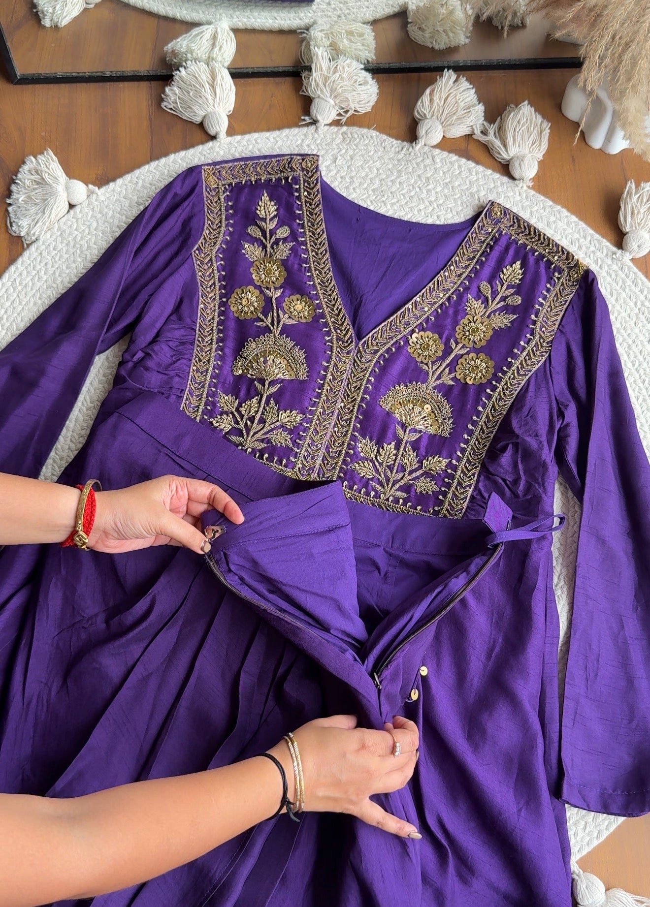 Natasha  deep purple satin embroidered v-neck short  tunic paired with matching dhoti