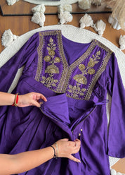Natasha  deep purple satin embroidered v-neck short  tunic paired with matching dhoti