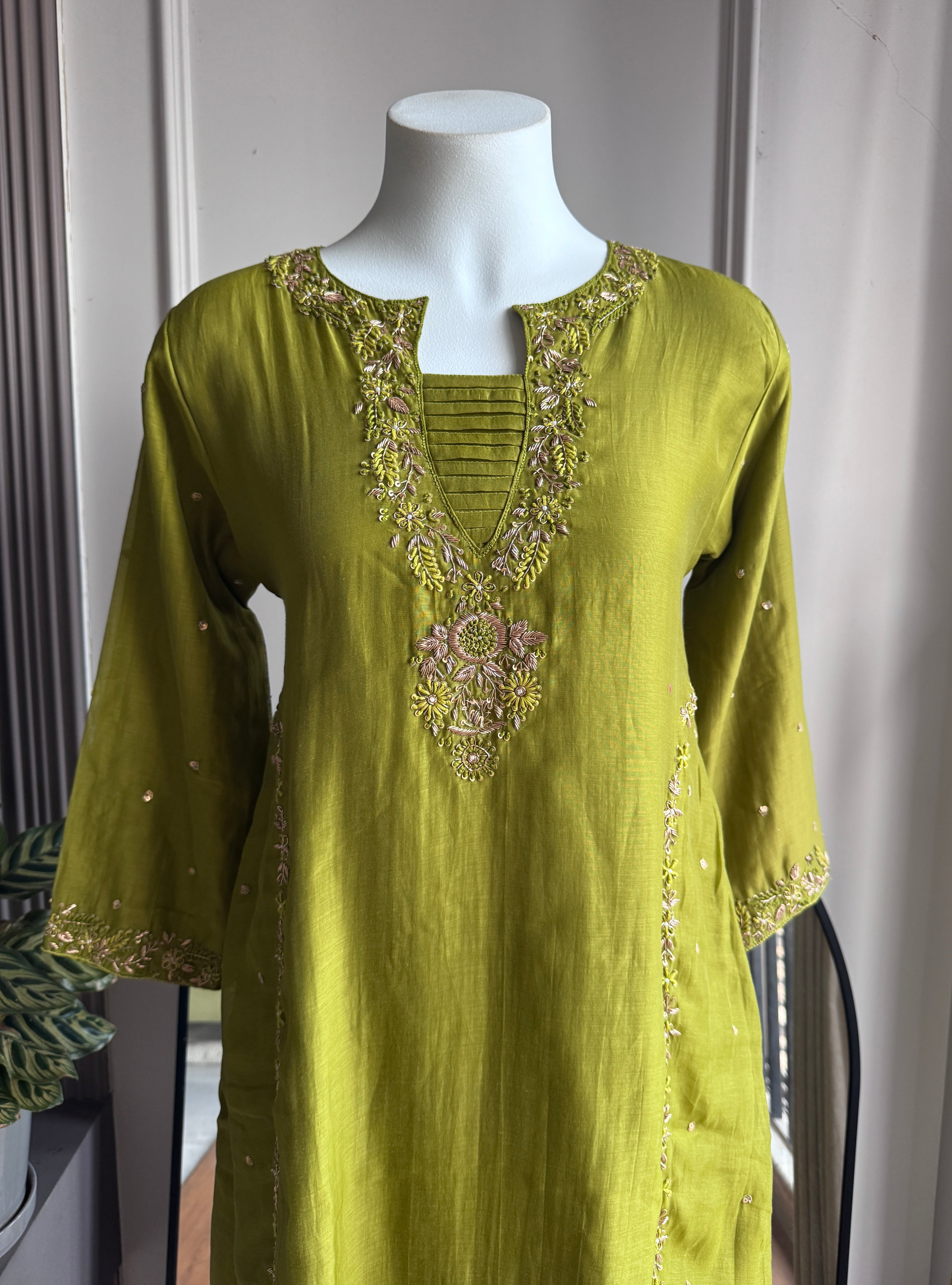 Sweena Handwork Mul Chanderi Dress- Pista Green