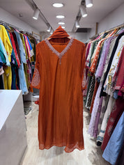 Tiya Mul Chanderi Handwork Dress- Rust