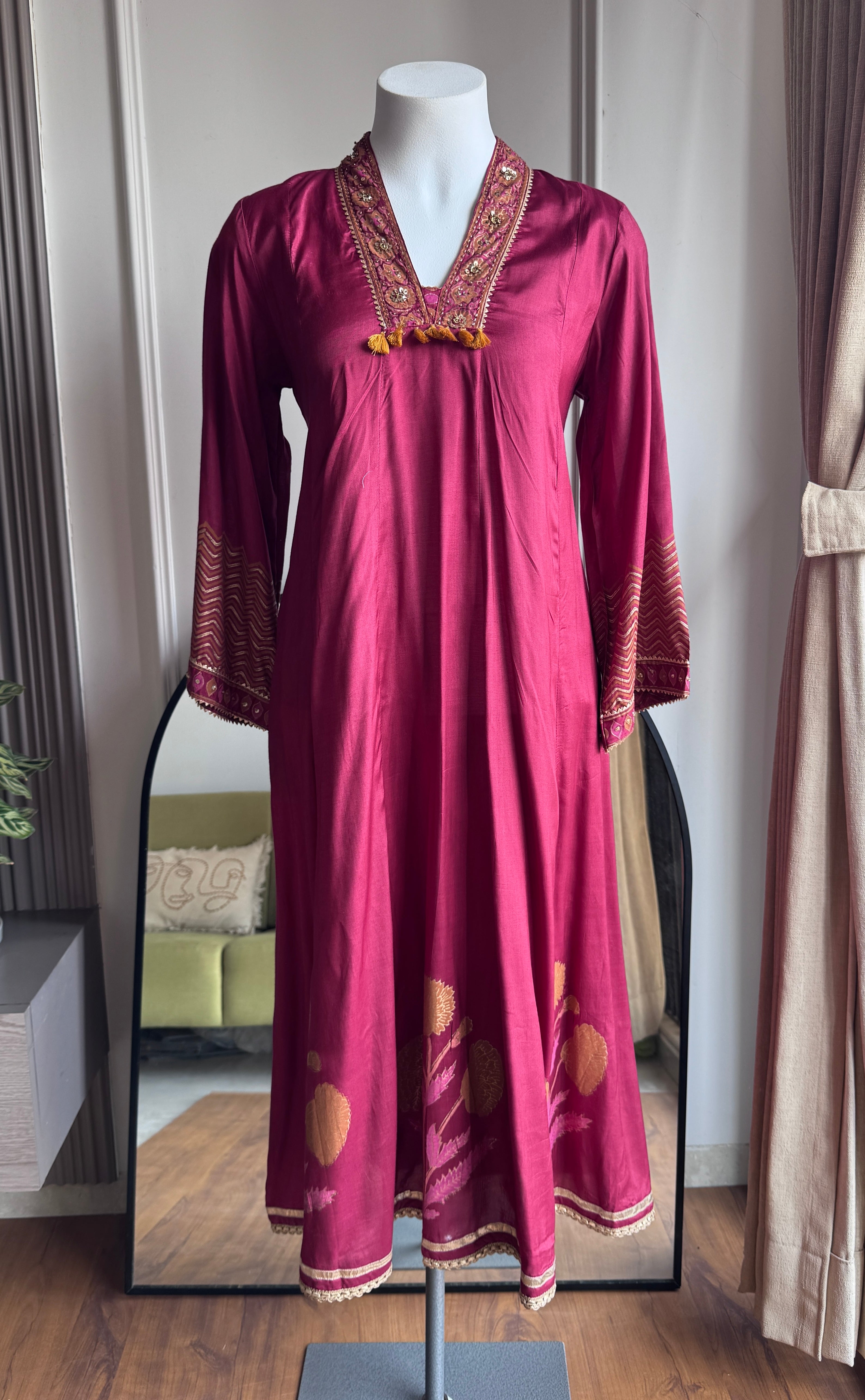 Asifa Patchwork Muslin  Dress- Maroon