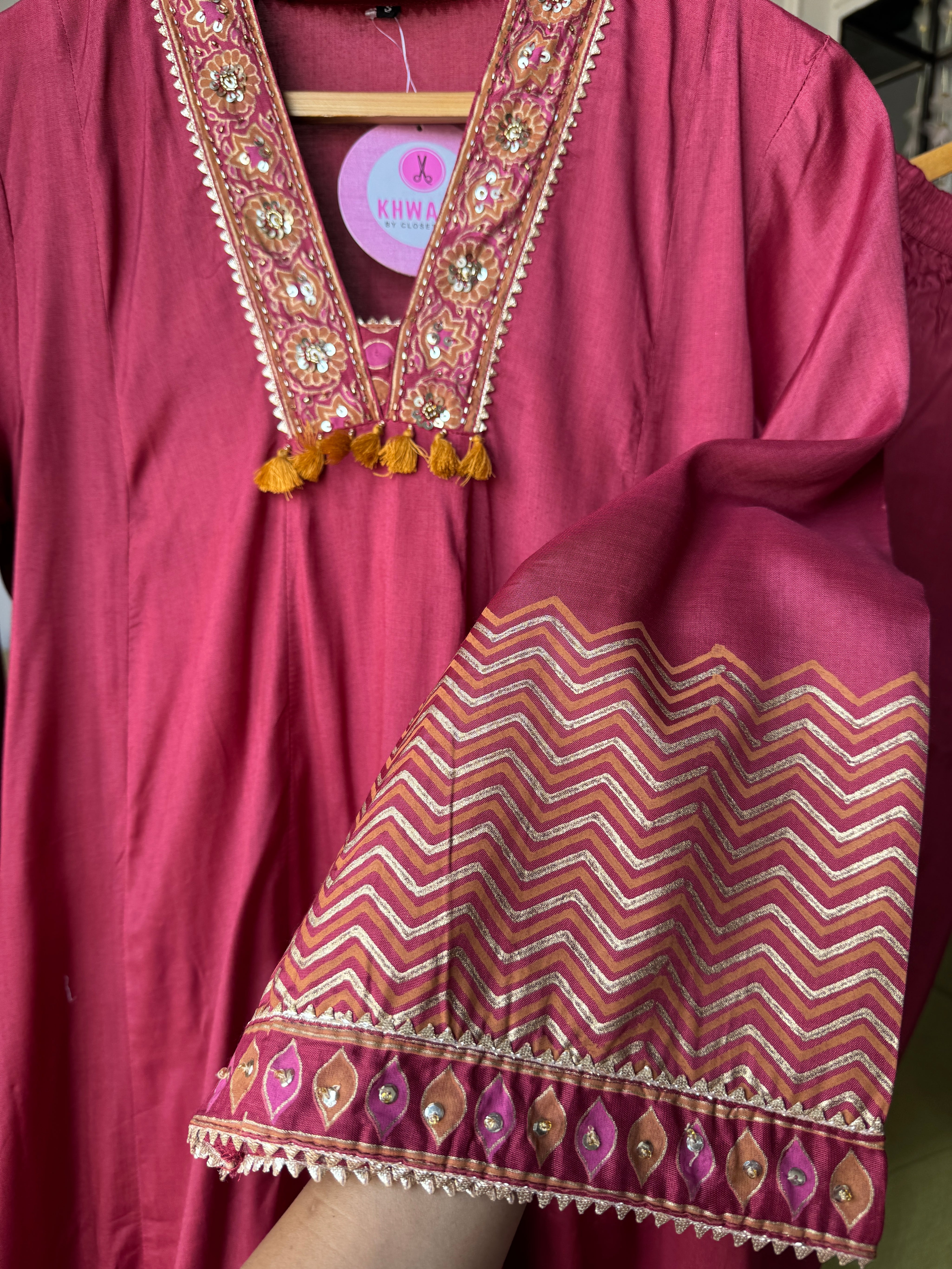 Asifa Patchwork Muslin  Dress- Maroon