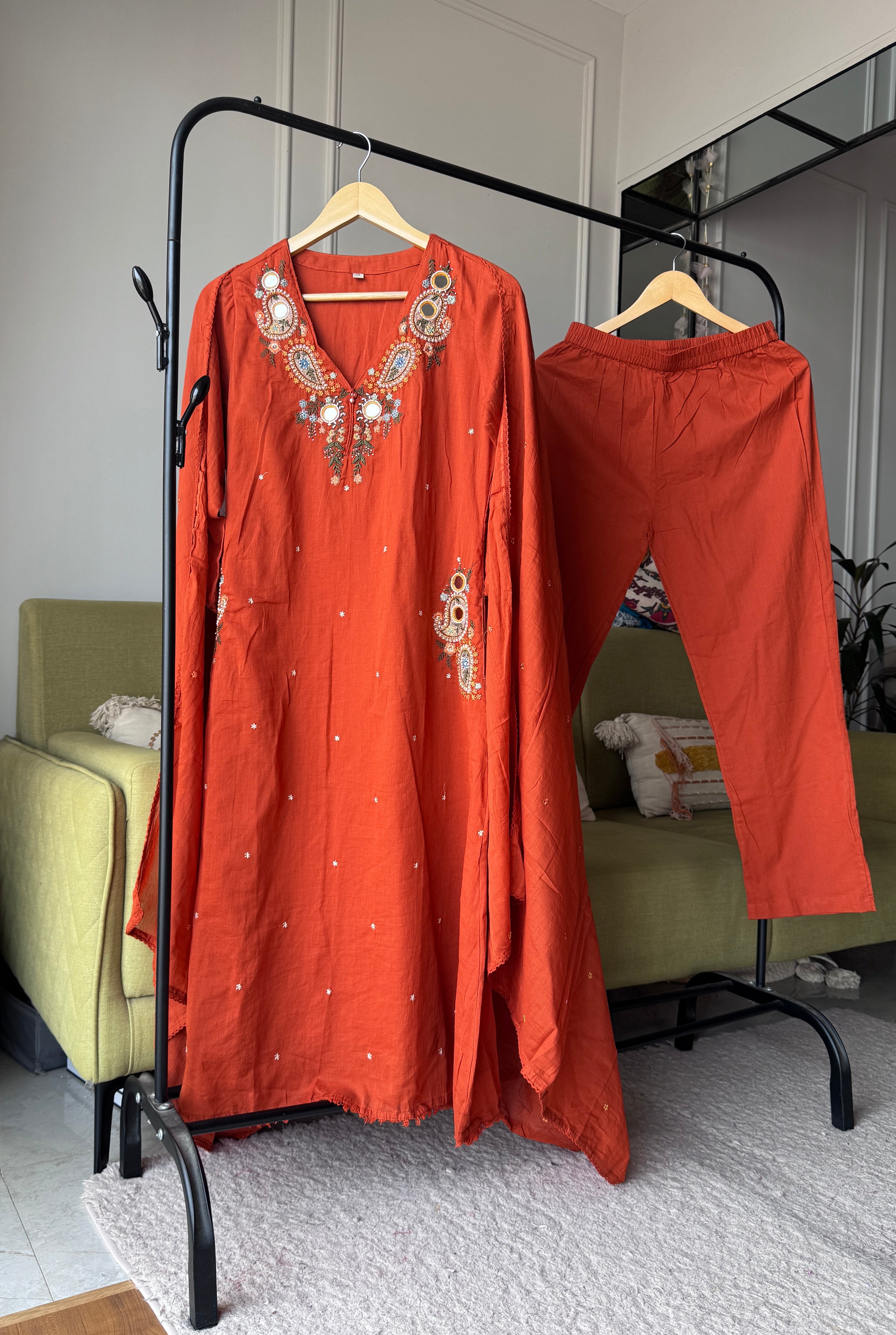 Mannat Pocket Embroided Mul  Cotton Dress- Rust