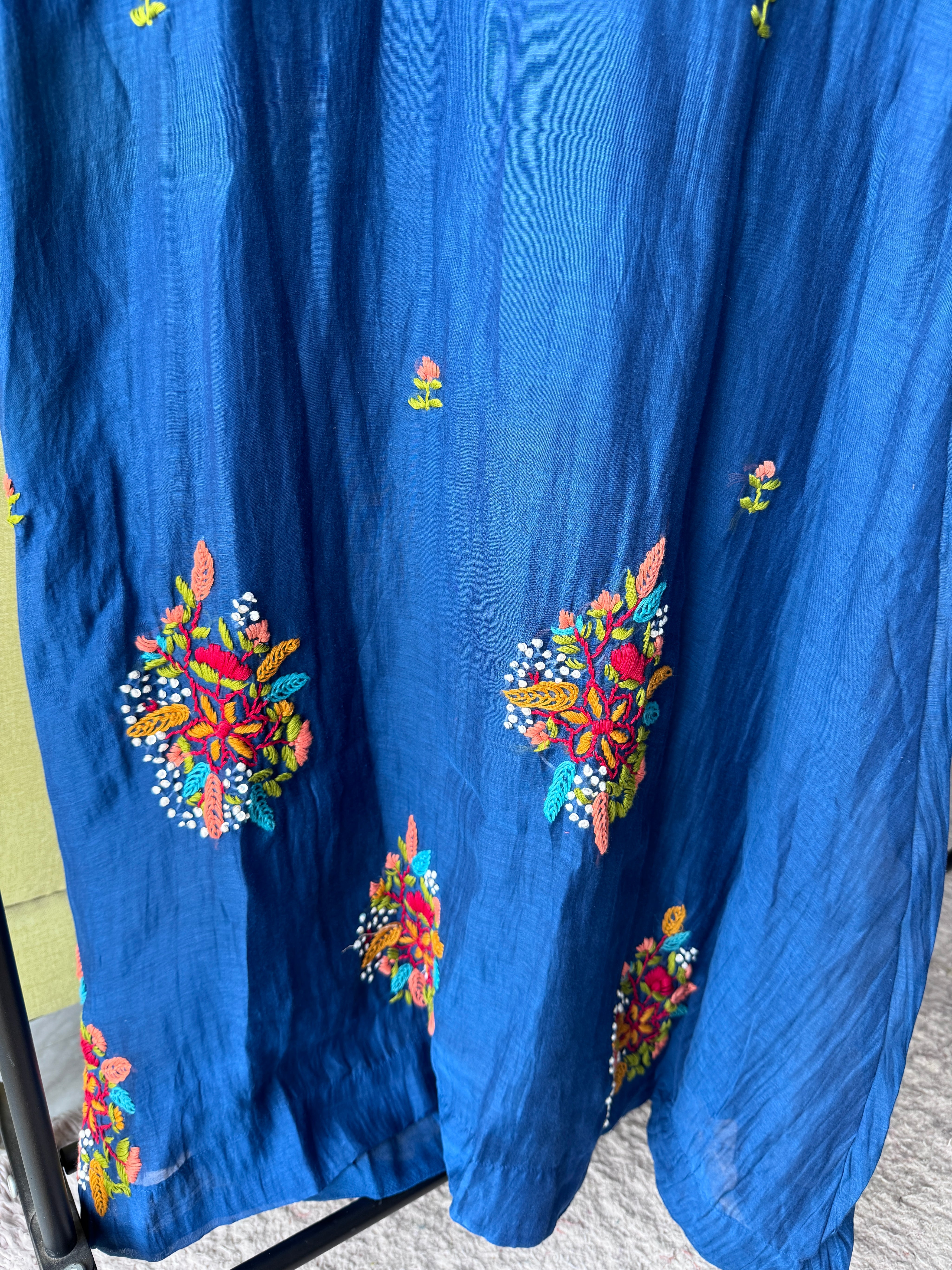 Parul Embroided Mul Chanderi Dress- Blue