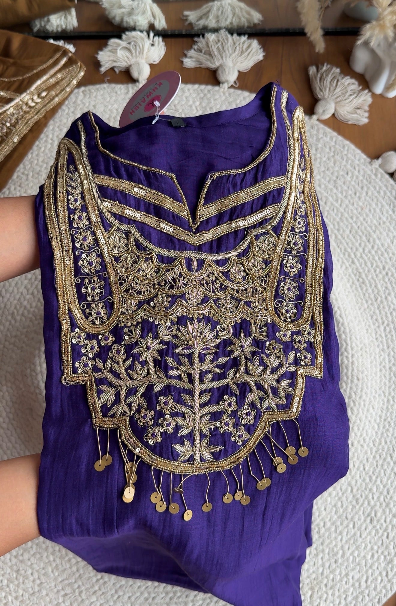 Simran Hand Zardosi Tissue And Mul Chanderi Aline Dress- Purple