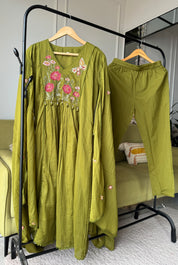 Mishika Embroided Aline Mul Cotton Dress- Mehndi Green