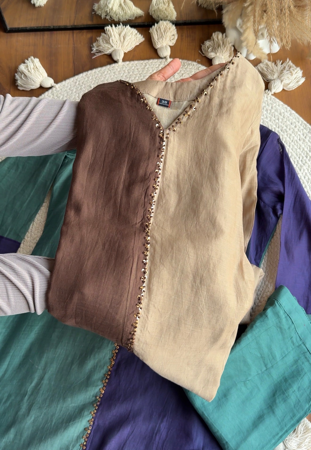 Meher Half an Half Mul Chanderi Dress- Brown with Beige